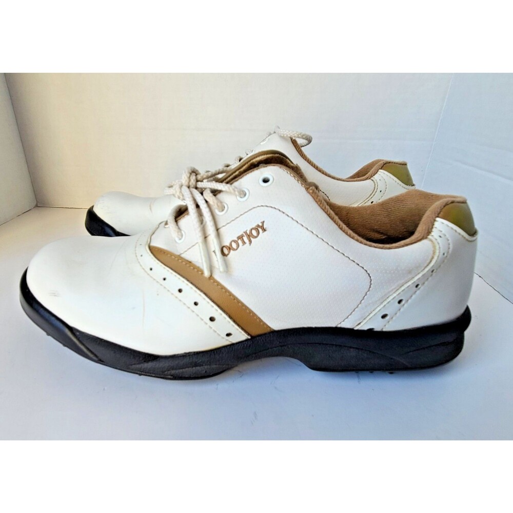 FootJoy Mens 8.5 Wide Golf Shoes White Tan Soft Spike Lace Up FJ